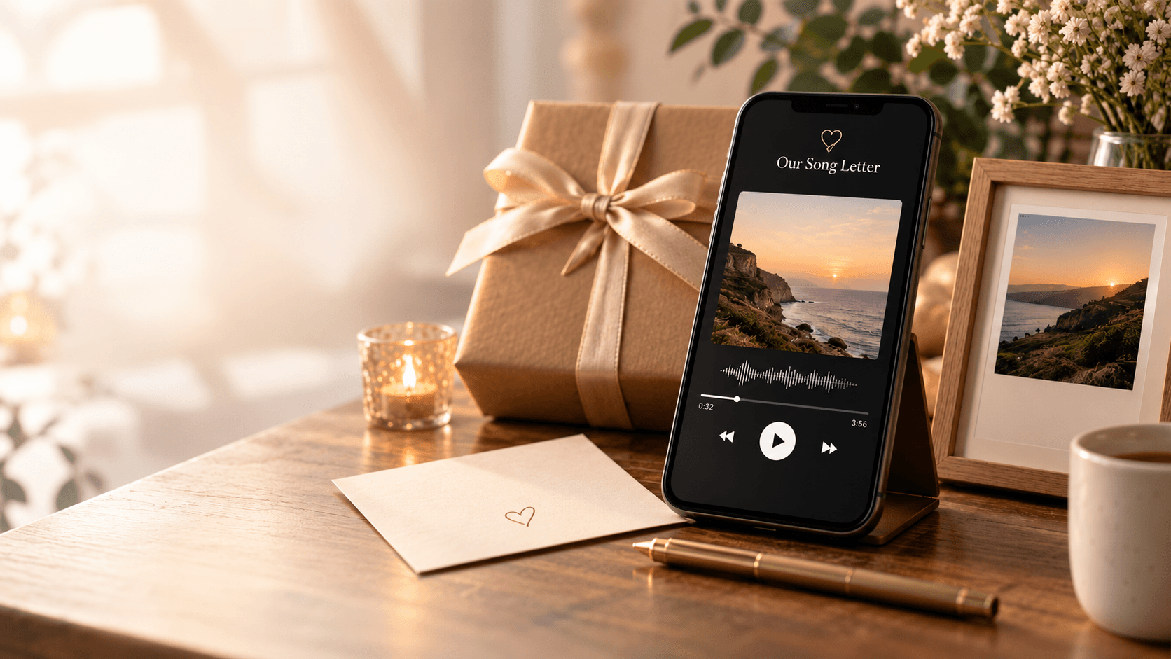 A wrapped gift beside a phone playing a personalized Our Song Letter song